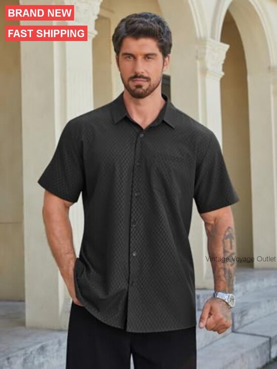 Men's Short Sleeve Button Down Shirt Stretch Business Casual Diamond Print - Picture 2 of 6